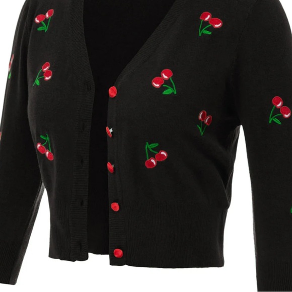 Belle Pogue Retro Embroidered Cherry Cropped V-Neck Cardigan Women's XL BLACK - Picture 15 of 16